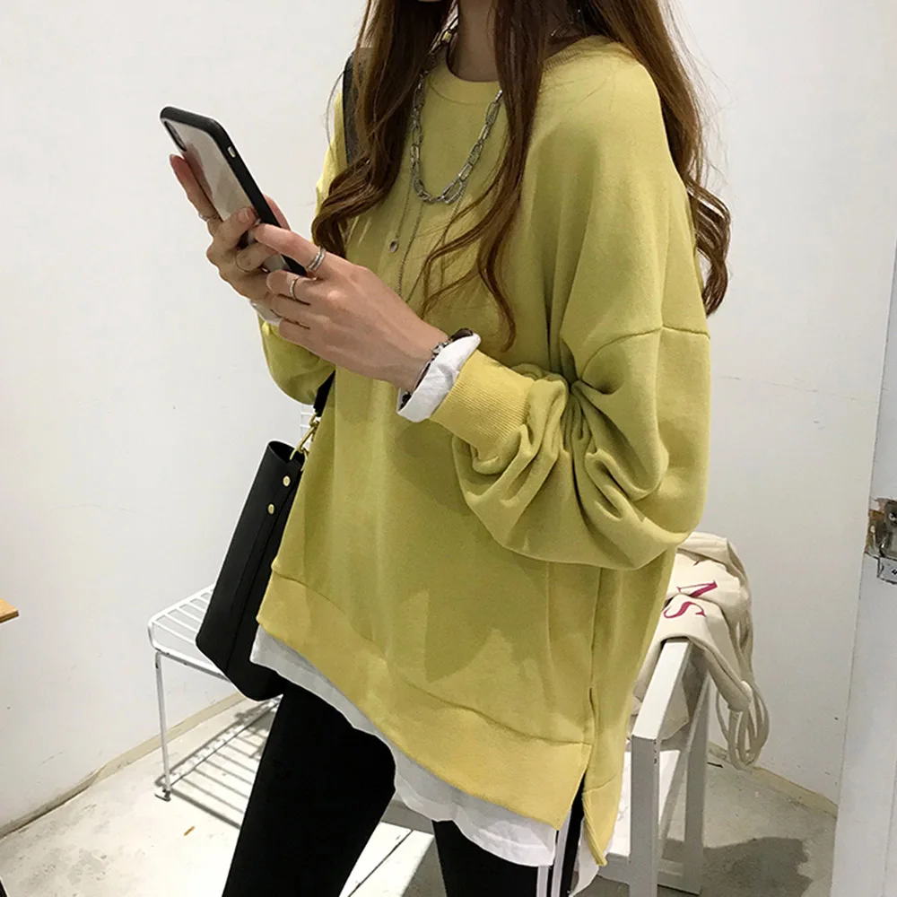 Женская толстовка с капюшоном корейская мода простой пуловер имитацией двух