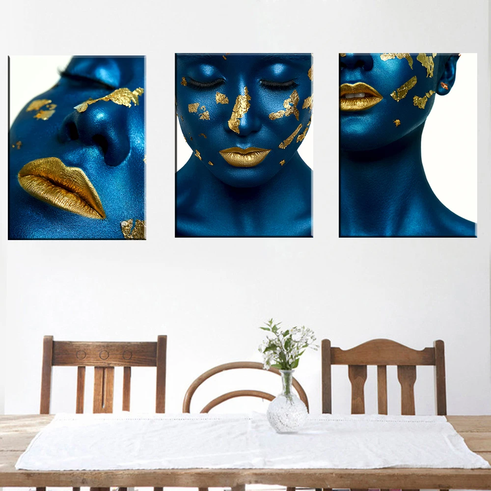

Wall Art Canvas Painting Blue Gold Artistic Body Painting Sexy Women Poster Minimalist Style Living Home Art Room Decoration