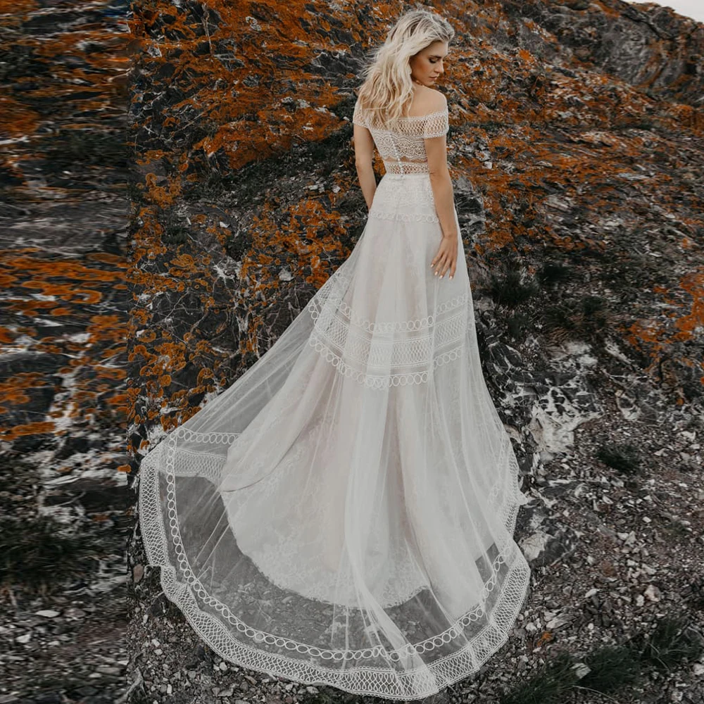 

Vestidos Charming Wedding Dresses Lace Square Collar Off-Shoulder Covered Button A-Line Bridal Gowns