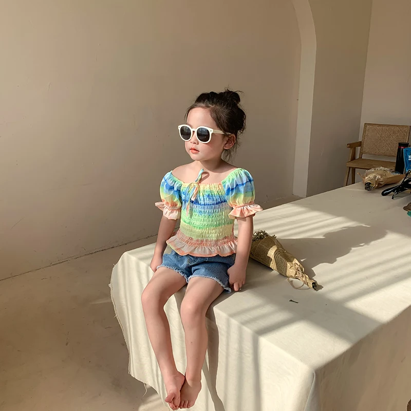 

Keelorn Baby Girls Sweatshirts 2021 Fashion Spring Autumn Children Strapless Shirts Kids Short Sleeve Rianbow Holiday Clothes