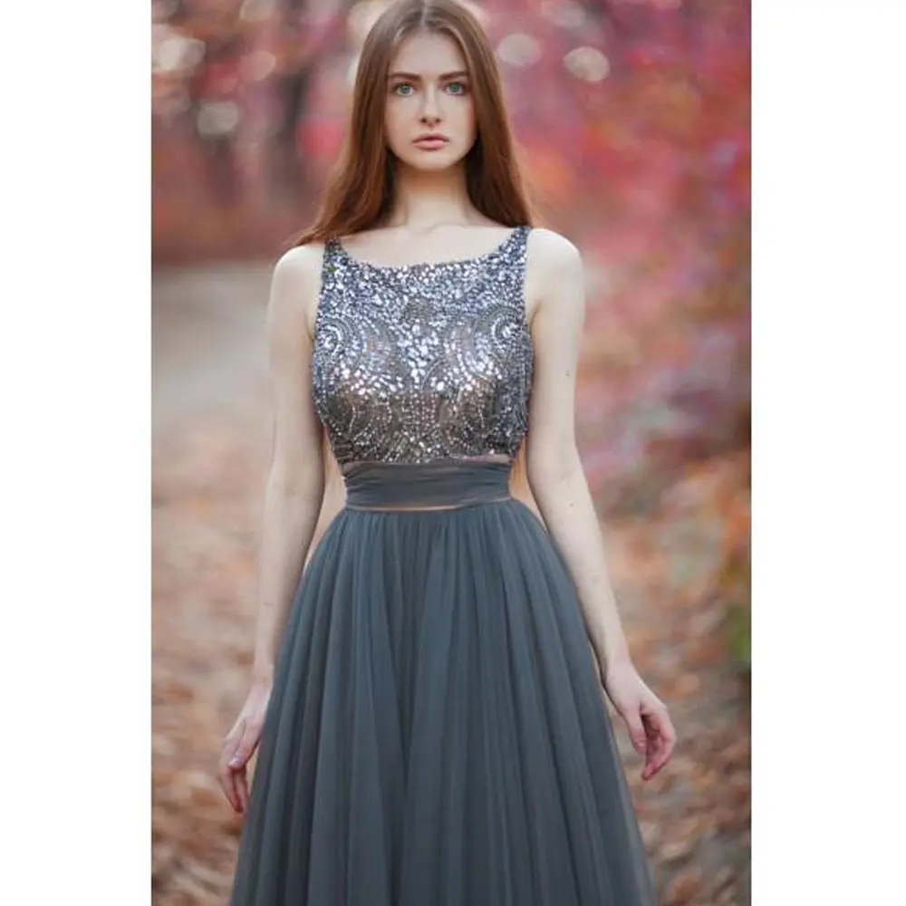 

A-line Net/Tulle Spaghetti strap Floor length Evening Dresses Beading Paillette / Sequin Sleeveless Bowknot\Bow Open back