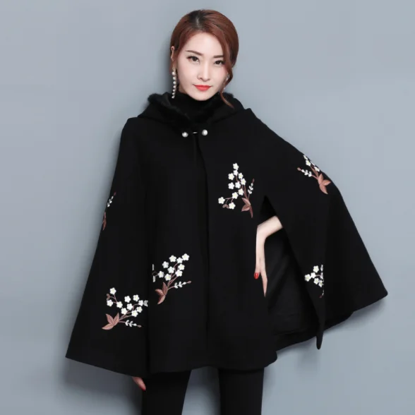 Черные накидки с капюшоном и вышивкой пончо для женщин винтажные осенне-зимние