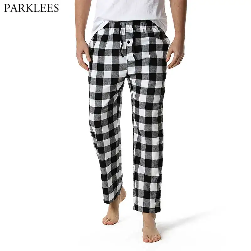 

White Black Plaid Pajama Bottom Pants Men Lounging Relaxed Comfy Soft Cotton Flannel Home Wear Breathable Flannel Pyjama Homme