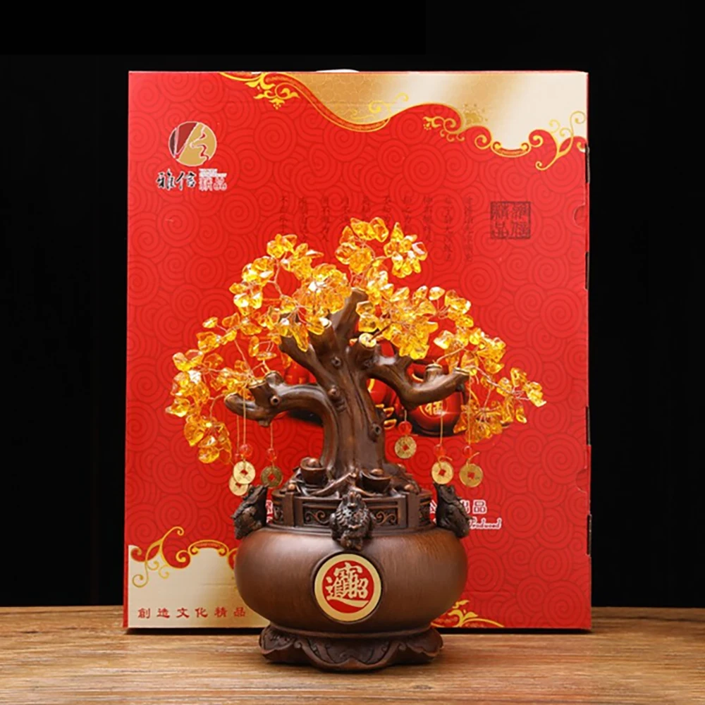 

Lucky Money Tree Chinese Gold Ingot Crystal Fortune Tree Ornament Wealth Sculpture Home Office Table Decoration Desk Decor Craft