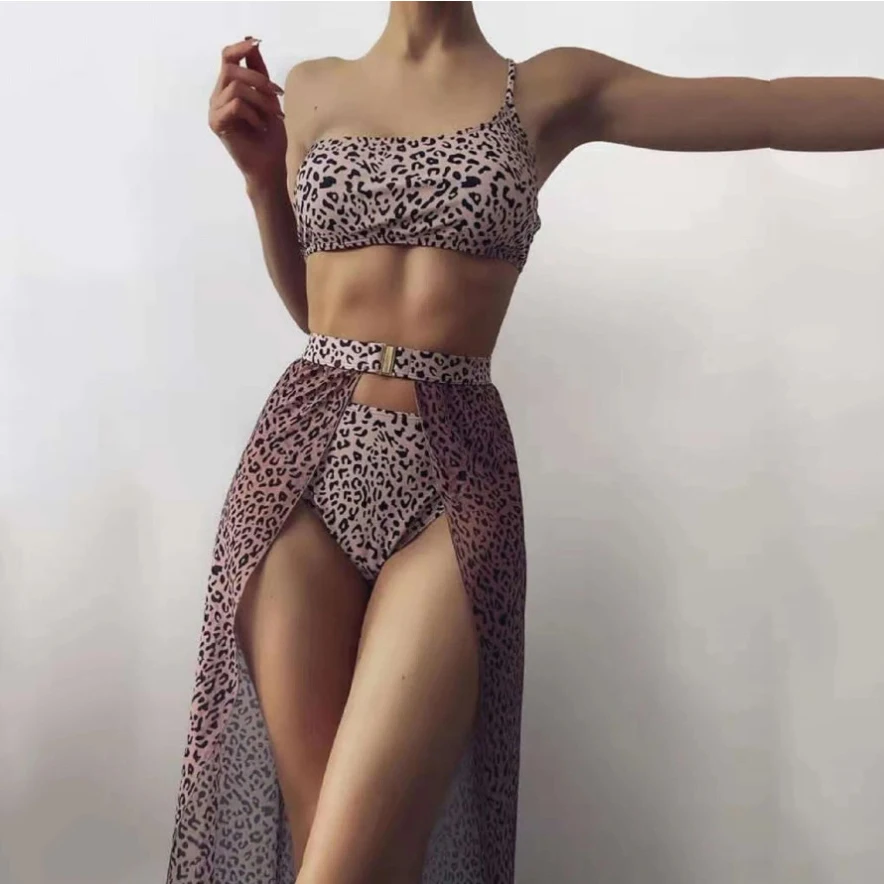 

Leopard Print 3 Piece Bikini Set with Mesh Sarong Women Swimwear One Shoulder Swimsuit Bikinis 2021 Mujer Bathing Suit Beachwear