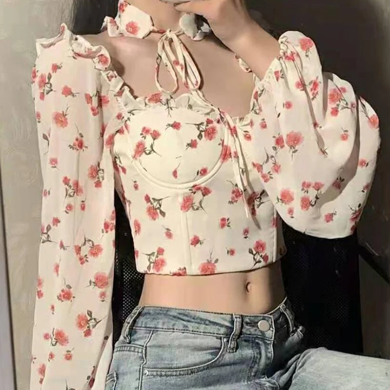 

2021 New Sexy Women Tops Gothic Floral Print Elegant Chiffon Blouse Shirts Long Sleeve Multicolor Lady Crop Tops Clothing