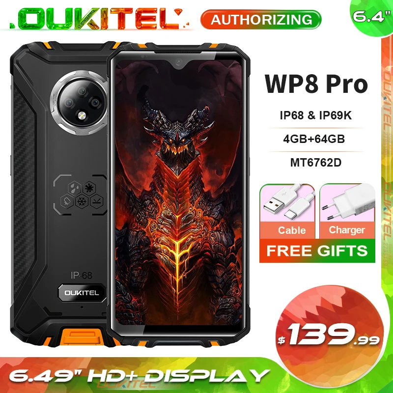 

OUKITEL WP8 Pro 6.49'' HD+ Display MT6762D Octa Core Android 10.0 Mobile Phone NFC 4GB 64GB IP68 Waterproof Rugged Smartphone