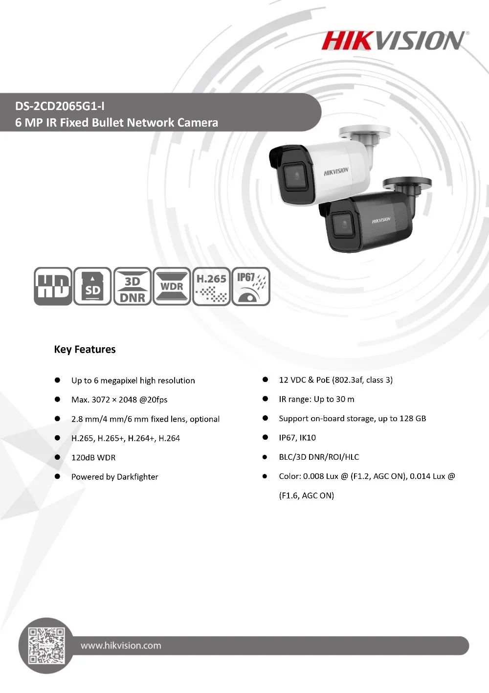 Hikvision, оригинальная новая камера видеонаблюдения, DS-2CD2065G1-I, 5MP, ИК Сеть, пуля, IP, уличная камера, POE H.265