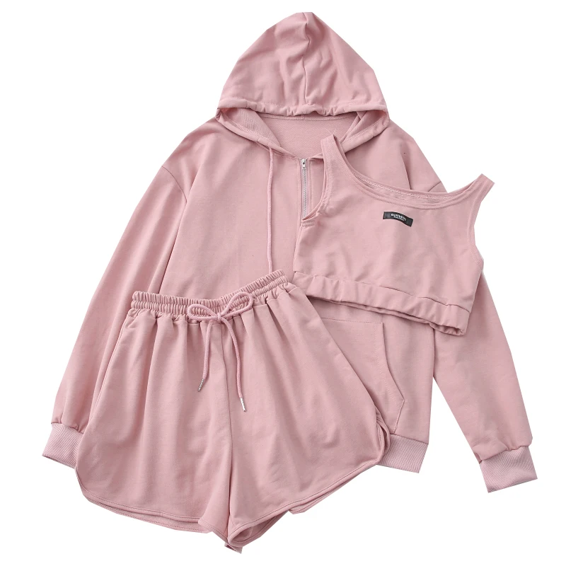 

Casual Sports Three-piece Female 2021 New Cropped Vest Top + Elastic Waist Shorts + Cardigan Jacket