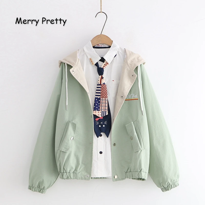 Merry Pretty Женские базовые куртки с вышитыми буквами зимние лоскутные куртки с длинным рукавом и карманами с капюшоном верхняя одежда пальто
