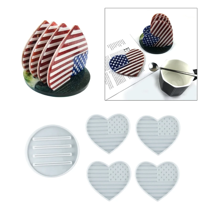 

1 Set Love Heart American Flag Coaster Epoxy Resin Mold with Storage Stand Mold Cup Mat Silicone Mould DIY Crafts Jewelry