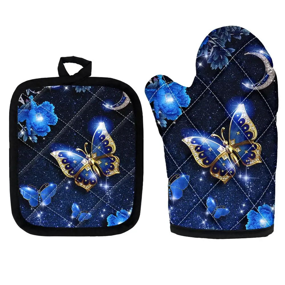 

Microwave Oven Glove and Cushion Covers Set of 2 Cute Butterfly Blue Kitchen Cooking Pot Holders for BBQ Baking Insulation Mitts
