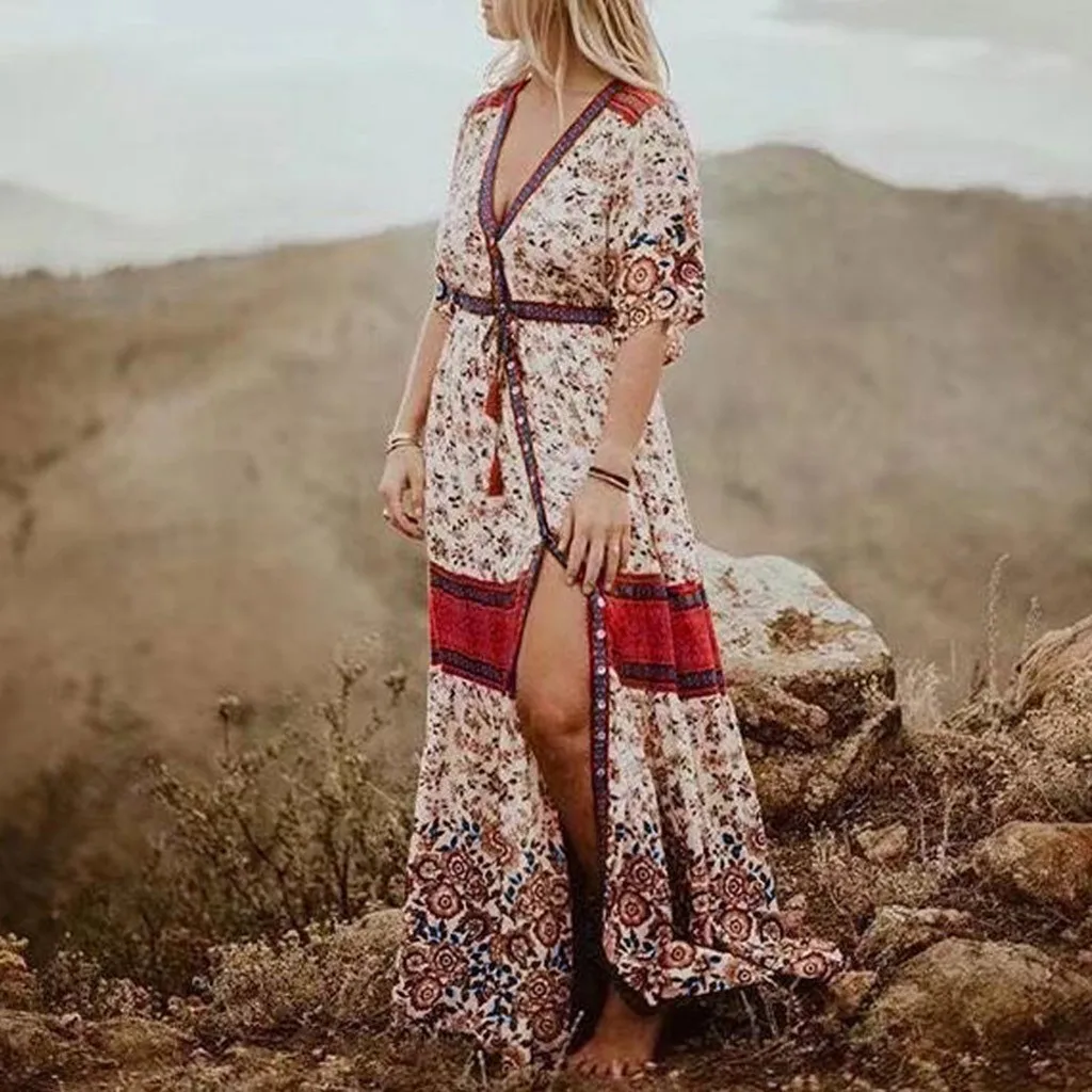 Женское богемное платье в стиле бохо летнее с v-образным вырезом и рукавом 3/4