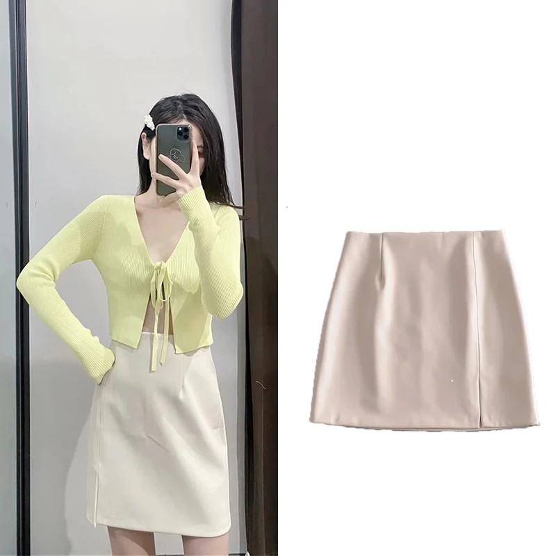

Za 2021 new fashion spring ladies pure color imitation leather mini skirt ladies slim waist mini skirt streetwear clothing