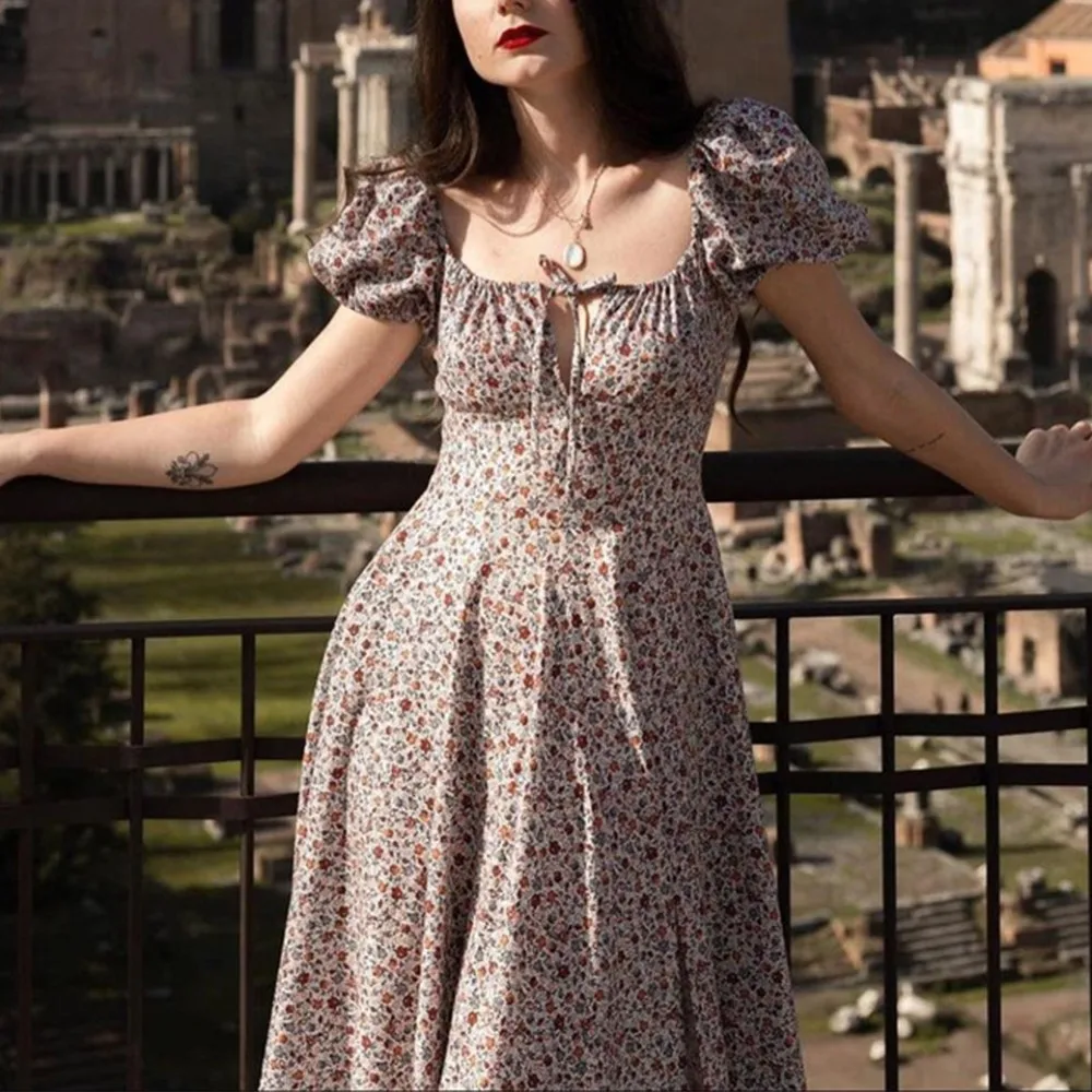 

Women's Floral Print Dress With Low-cut Sexy Backless Slim-fit Split Long Square Neck Puff Sleeve Side Drawstring Dress