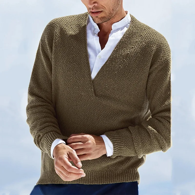 

Men Sweater Cardigans V Neck Shirt Collar Stylish Vintage Style Basic Oversized Knitted Solid Color Pullover Long Sleeve Sweater