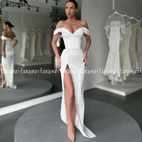 white long evening dress off the shoulder v neck high front slit floor length dubai party prom gown formal dresses