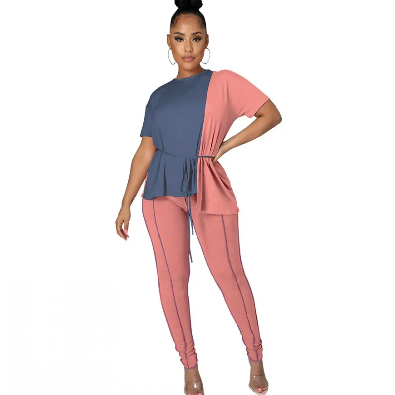 

Pant Suits Women Set Short Sleeve T Shirt Top And Skinny Pants Outfits Summer Fashion Color Patchwork Casual Two Piece Set Women