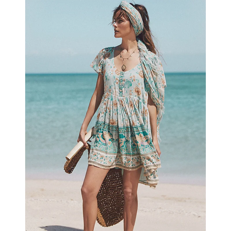 Богемное шикарное летнее винтажное мини платье с цветочным принтом для женщин 2019