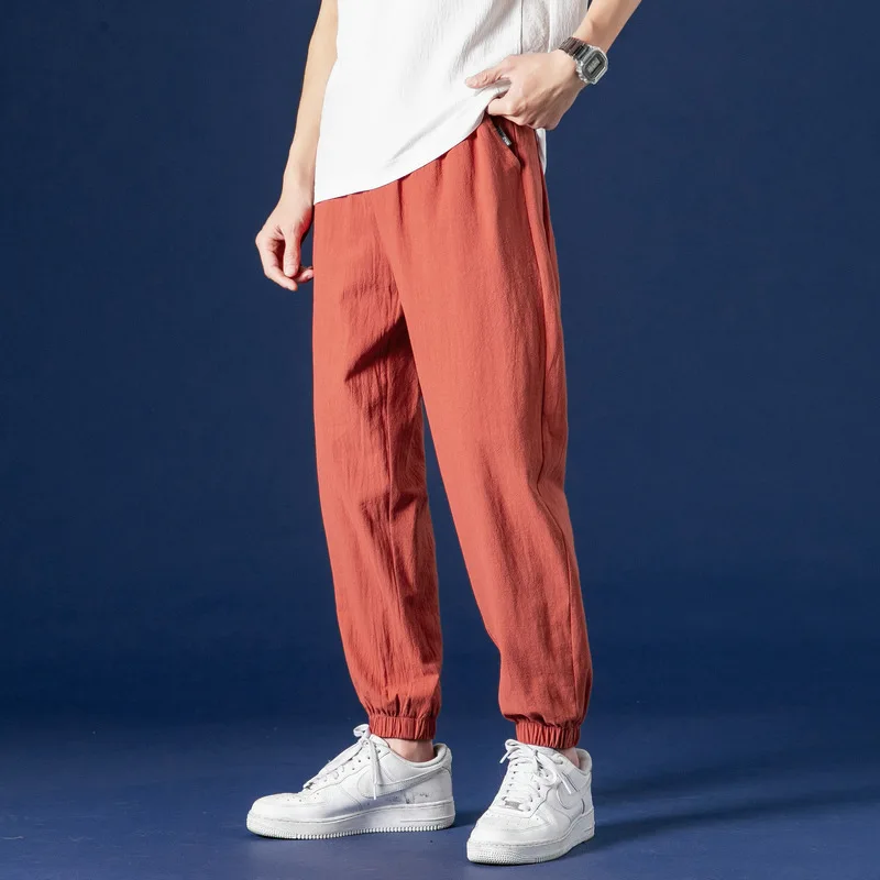 

Summer men linen ankle-length pants thin section beam feet casual pants fashion solid color drawstring pants