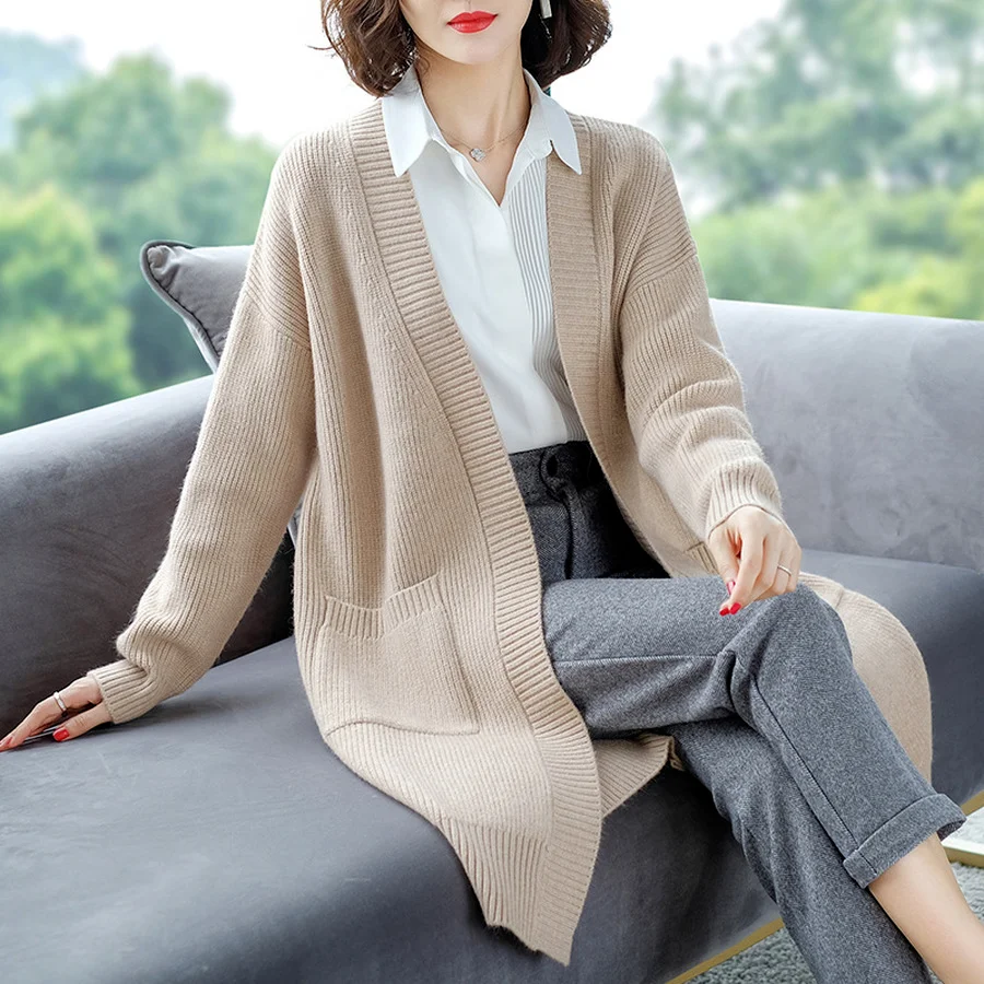 

2021Autumn Winter Women Long Sweaters Open Stitch Pockets Knitted Soft Casual Cardigan Fall Sweaters for Women 4 Colors Outfits