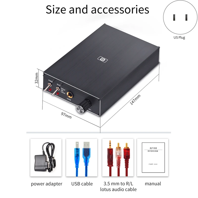 DA580 HiFi Digital Audio Decoder DAC Headphone Amplifier 24Bit 96KHz Input USB/Coaxial/Optical Output RCA Amp | Электроника
