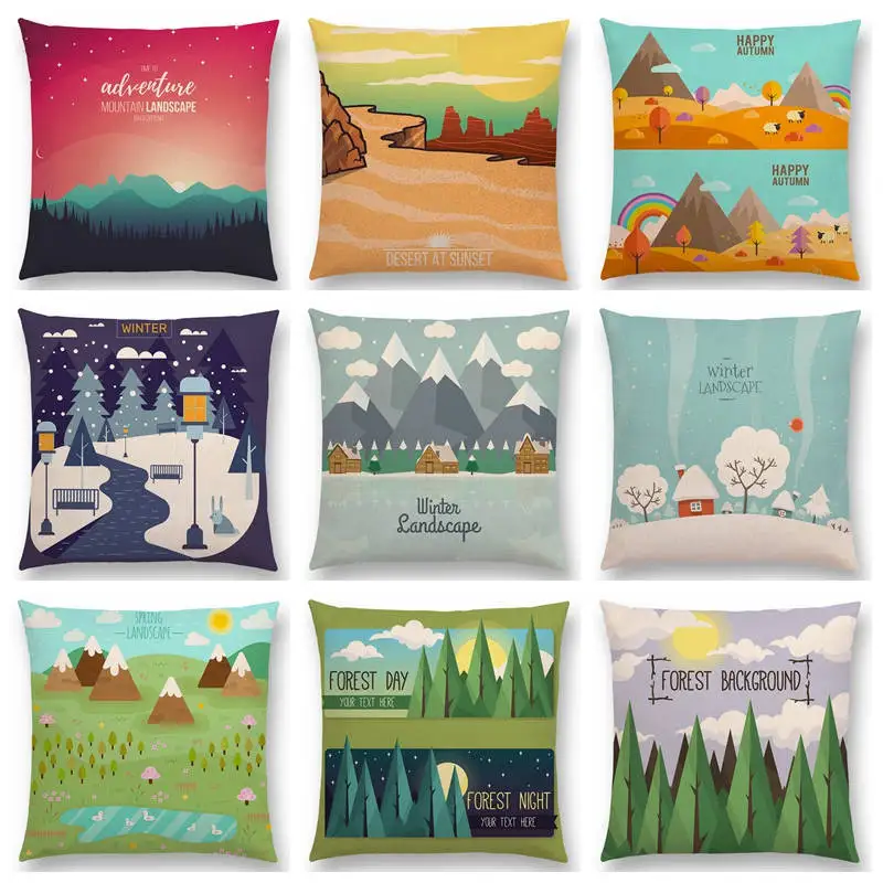 Чехол для диванной подушки с рисунком природного поля гор реки леса на весну лето