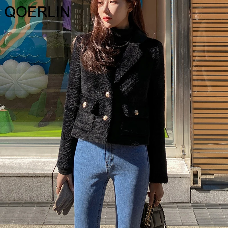 Женский однобортный Блейзер QOERLIN черный шерстяной пиджак с отложным воротником и