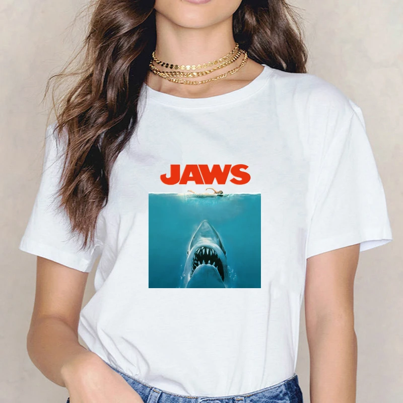 Jaws Movie Vintage Poster T-shirt Casual Cute Print T Shirt Summer Harajuku O Neck Short Sleeved Japanese Anime Top Tees | Женская
