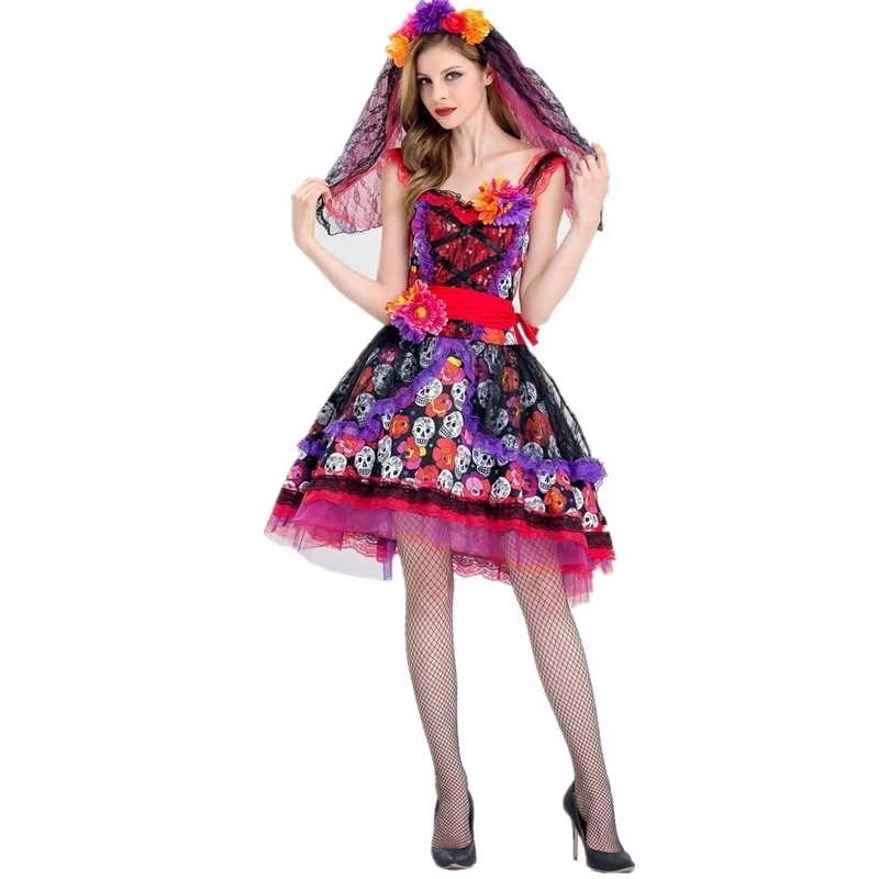 Женский костюм на Хэллоуин мексиканского дня мертвецов ужасов зомби черепа