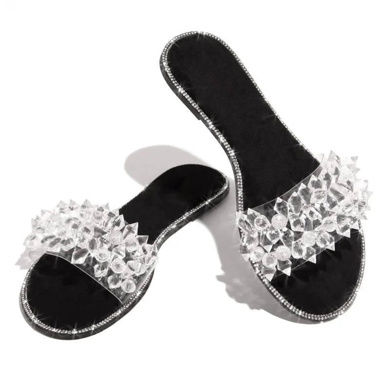 

HOT summer new women outdoor all-match casual slippers round head rhinestone transparent flower female flat beach sandals New