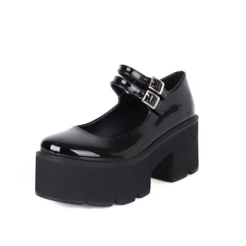 

High Heels Sweet Lovely Gothic Girls Platform Shoes Women Pumps Casual Round Toe Thick Soled Bright Leather Hollow Big Size 43