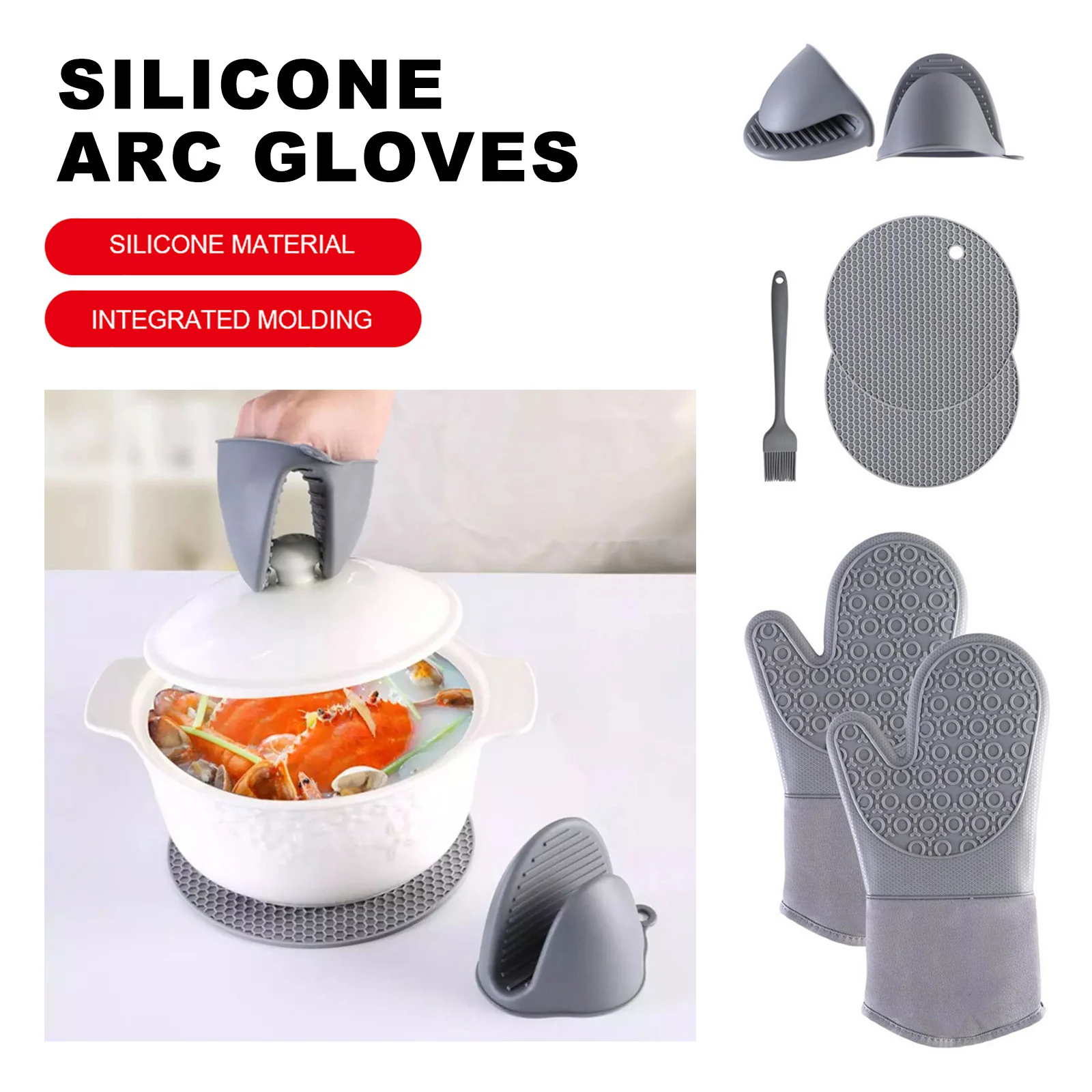 

7Pcs Silicone Oven Mitts Set BBQ Cooking Microwave Gloves And Heat Resistant Kitchen Pot Holders Cooking Sets For Baking And BBQ