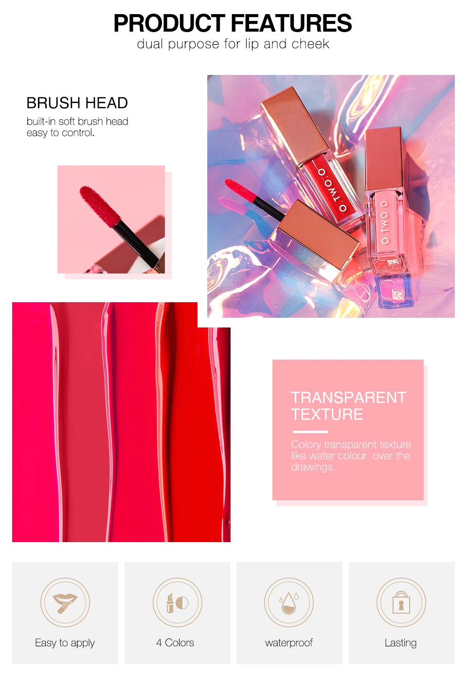 O.TWO.O 2 In 1 Lip Gloss+ Liquid Blusher Double Effect Long Lasting Waterproof 4 Colors Soft Silky Smooth Makeup