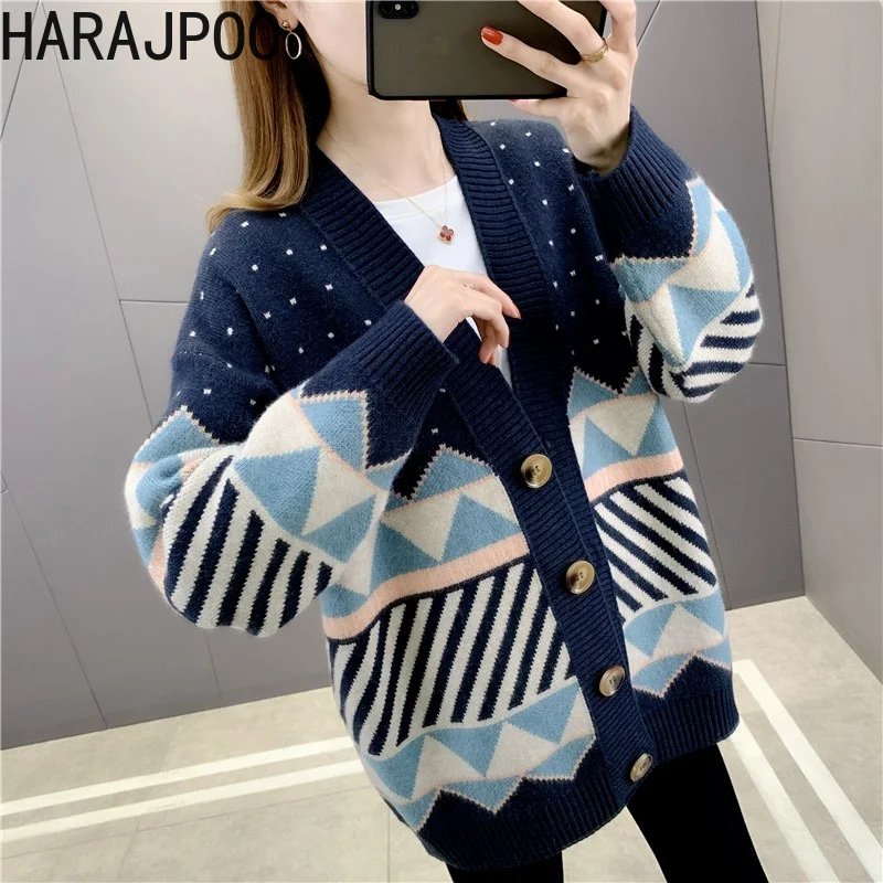 

Harajpoo Women Cardigans 2020 Spring Fall Clothing Korean Style New Printing Knitted Loose Retro Sweater Jacket Casual Tops Tide