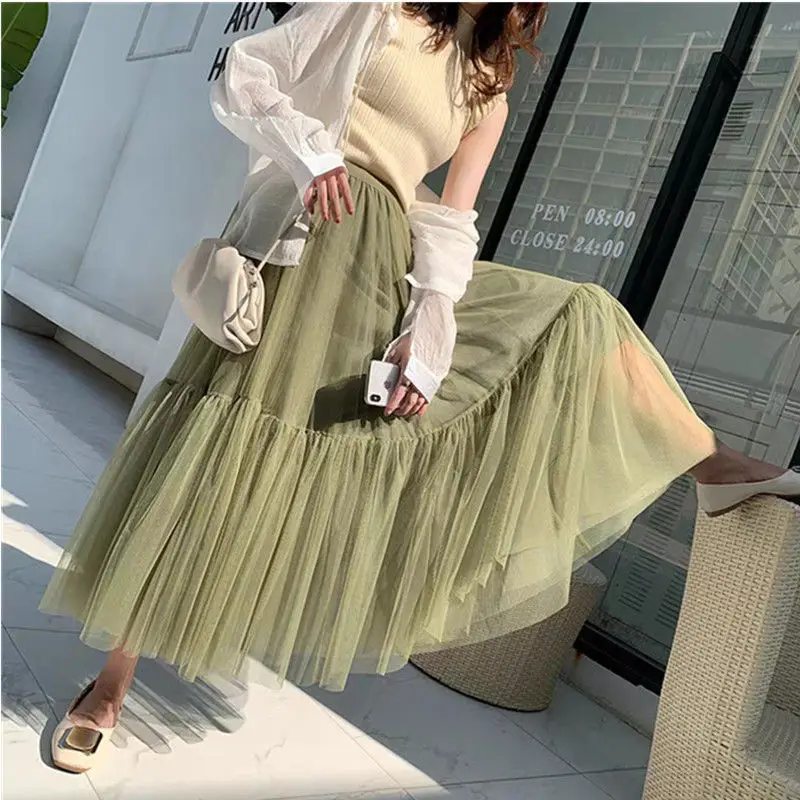 

Spring and Summer Women's Clothing Mesh Pleated Skirt Popular Long Pink Dress Woman Skirts Mujer Faldas Saias Mulher