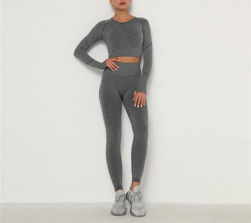 Women Seamless Yoga Set Gym Clothing Fitness Leggings Cropped Shirts Sport Suit Long Sleeve Tracksuit Active Wear | Спорт и