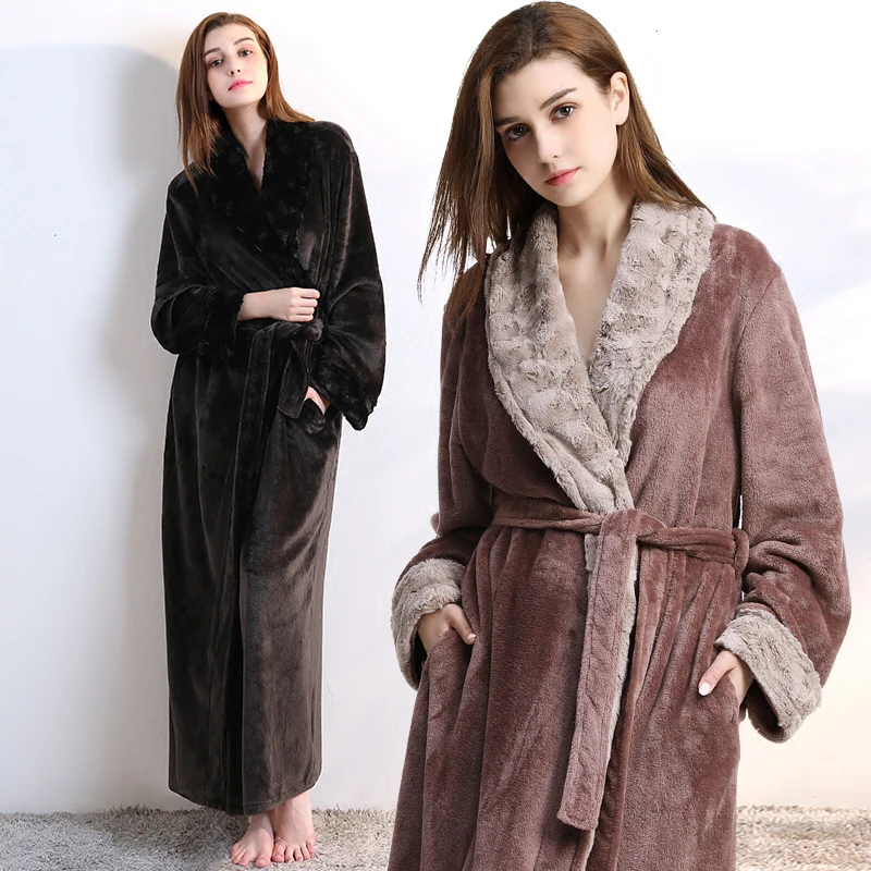 Women Extra Long Winter Warm Flannel Bathrobe Plus Size Sexy Pink Fur Bath Robe Bride Robes Night Dressing Gown Men Sleepwear