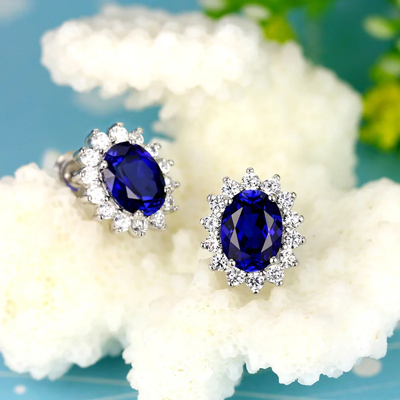 

925 Sterling Silver Earrings Sapphire Zircon Earrings For Women Fashion Elliptic Silver Ear Studs Party Popular Ear Jewelry