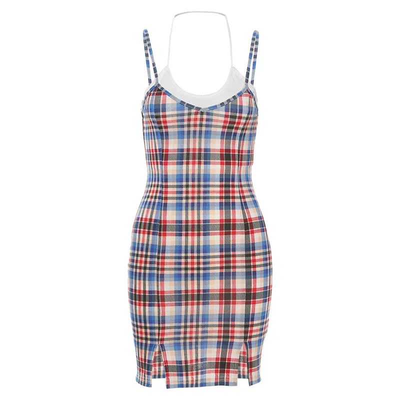 

2021 Summer Solid Color Vest with Two-piece Suit Dress New Style Sling Fashion Plaid High Waist Bag Hip Split Slim Short Skirt
