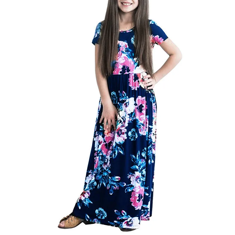 Dress for Girls Robe Fille Hot Short Sleeve Flower Print Children Long Teen Girl Elegent Beach Summer 2019 | Детская одежда и