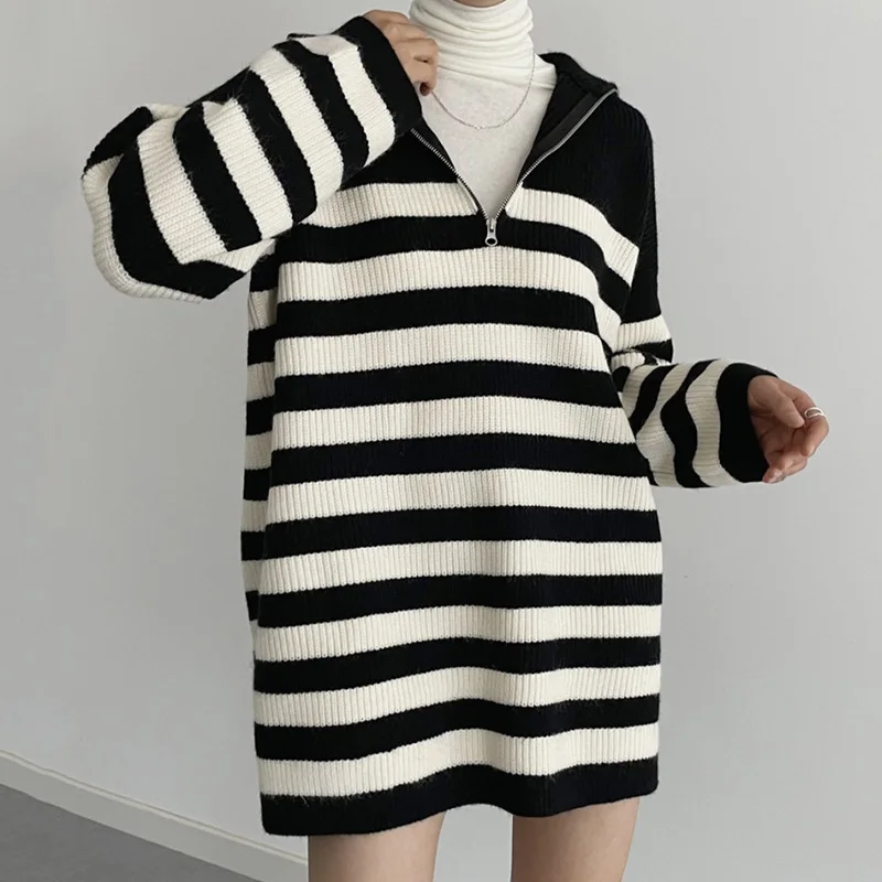 

Корейский вязаный свитер, женские Полосатые свитера на молнии в стиле Харадзюку, осенне-зимний утепленный пуловер, уличная одежда, Свободное длинное платье-свитер