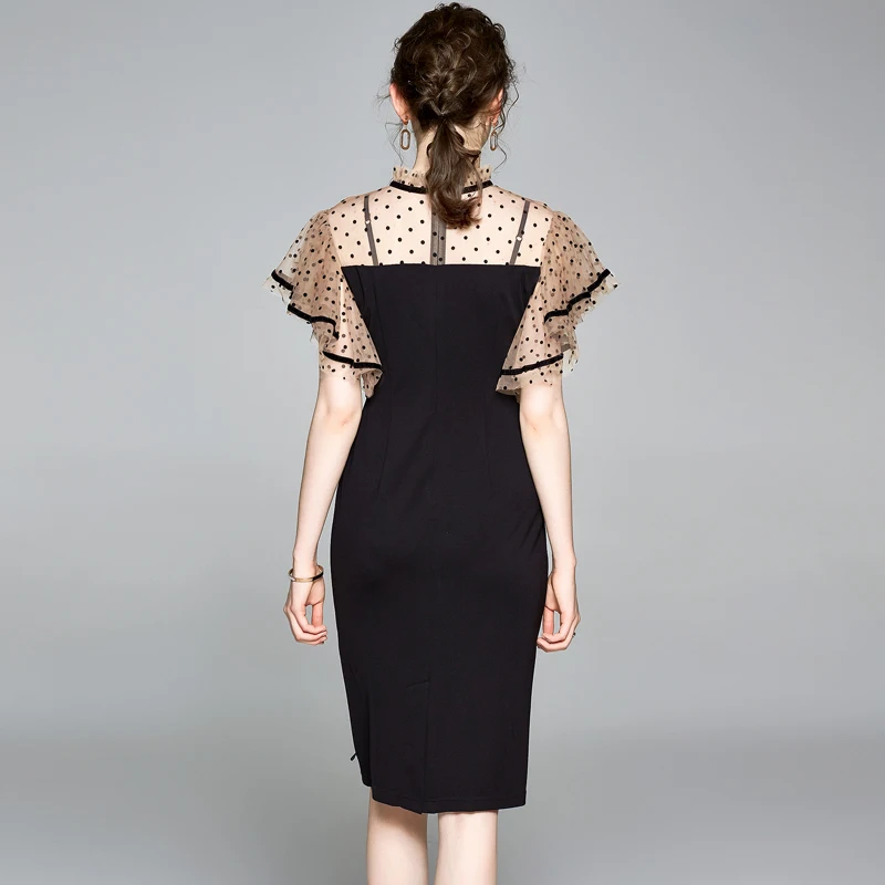 Женское Сетчатое платье модельное черное в горошек с коротким рукавом лето