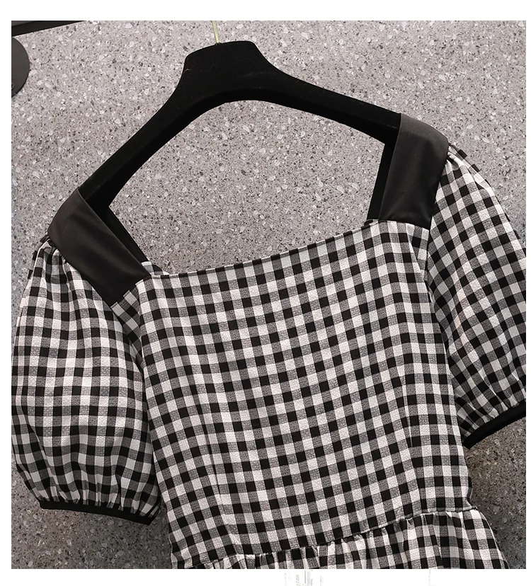 

Women 2021 Summer Vintage Black Plaid Dress Short Sleeve Square collar French A Line Party Dresses Plus Size Ladies Clothing