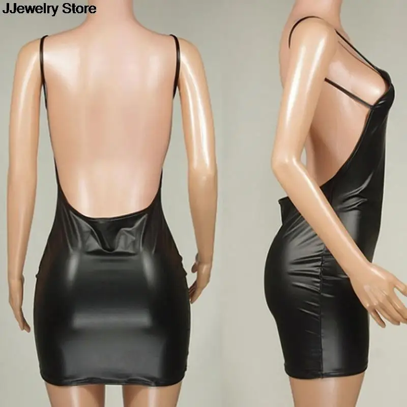 Сексуальное платье из искусственной кожи с открытой спиной Клубное