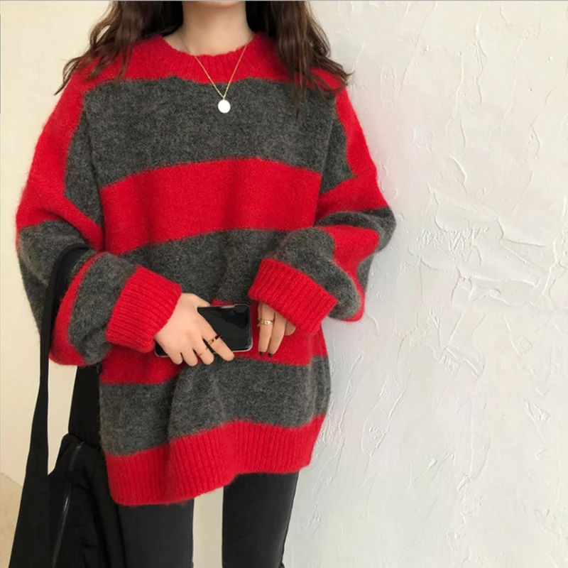 

2021 Autumn And Winter New Simple Contrast Color Striped Sweater Women Lazy Retro Loose Wild Knit Top