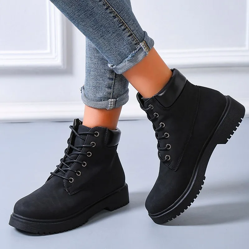 

England Winter 2022 Martin Boots Snow Boots Ankle Platform Shoes Woman Fashion Lace-Up Non-slip Plush Size 35-42 High Quality