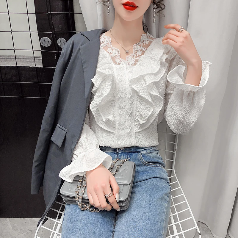 

QOERLIN XL Embroidered Lace Blouse Ruffle Flared Sleeve Shirt Female 2021 Spring Elegant Loose Casual V Neck Blouse Plus Size
