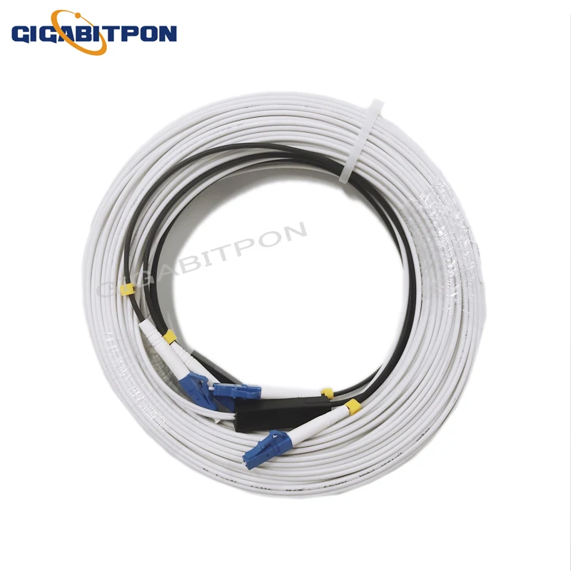 2 steel 2-core jumper single-mode G675A 1-core 2LC/UPC-2LC/UPC FTTH fiber drop cable SM outdoor. Inner white 4-connector 10-500M