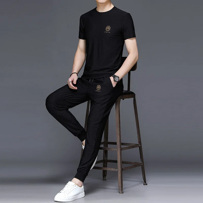 

High end men's suit 2021 new summer ice silk leisure sports Leggings trend short sleeve t-shirt men's trend